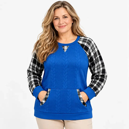 【S–2XL / 6 farieb】Jesenný/zimný károvaný sveter – voľný top s dlhým rukávom v západnom štýle (patchwork) a okrúhlym výstrihom