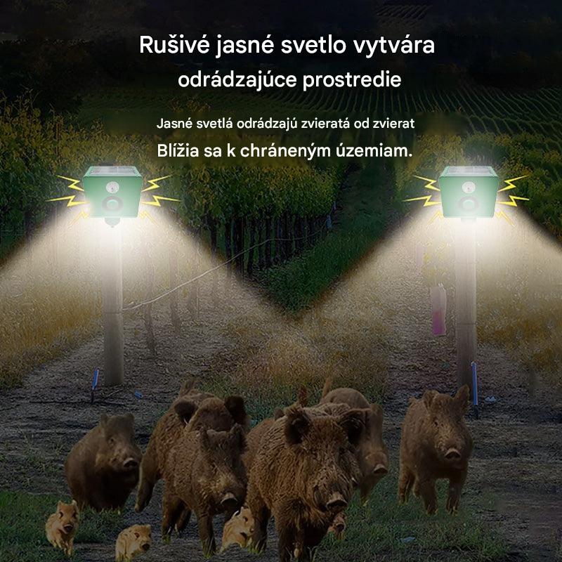 Solárny ultrazvukový odpudzovač zvierat, vhodný na odpudzovanie vtákov vo vonkajšom prostredí, s blikajúcim infračerveným svetlom a červenými a modrými LED svetlami.