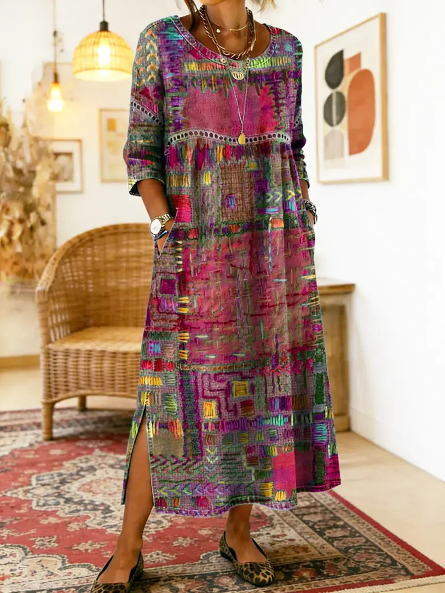 Manuela | Vestido Maxi Bohemio con Estampado de Patchwork Étnico