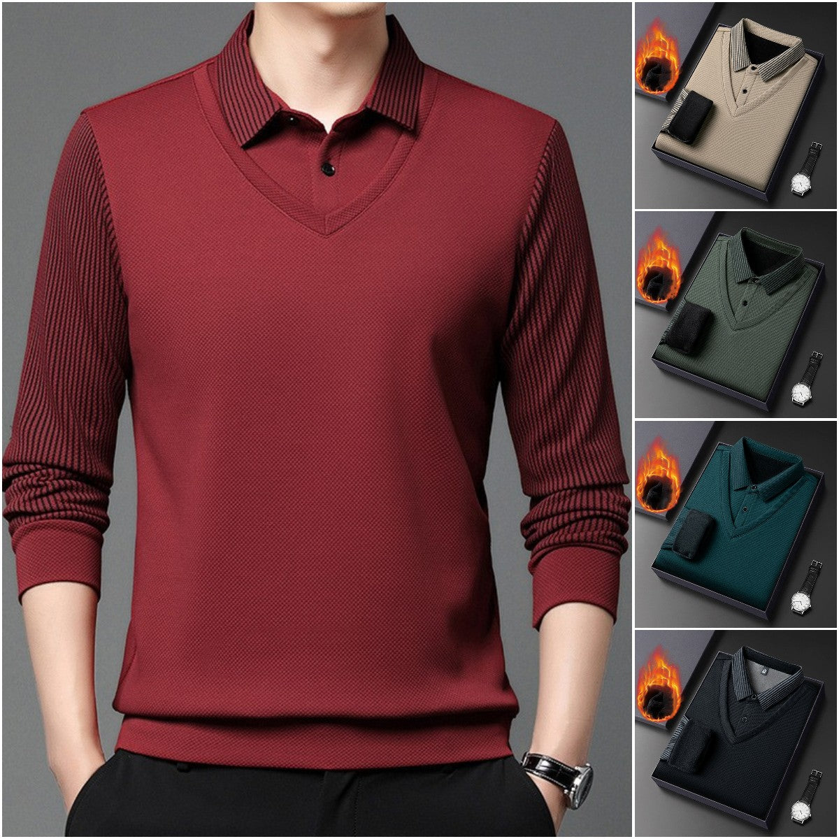 💖🧡39%OFF【M-4XL】Camisa POLO de dos piezas con retazos falsos a rayas