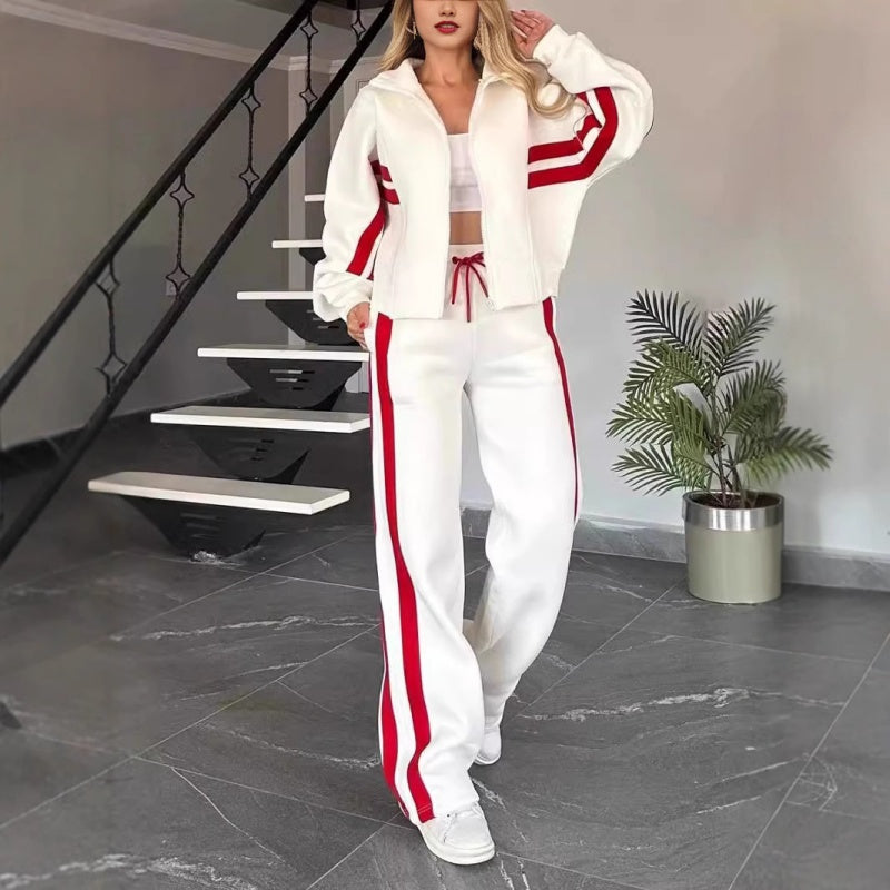 🔥🖤【Oferta por tiempo limitado -50%】Nuevo conjunto para mujer con chaqueta de rayas con cremallera + pantalones casuales, dos piezas