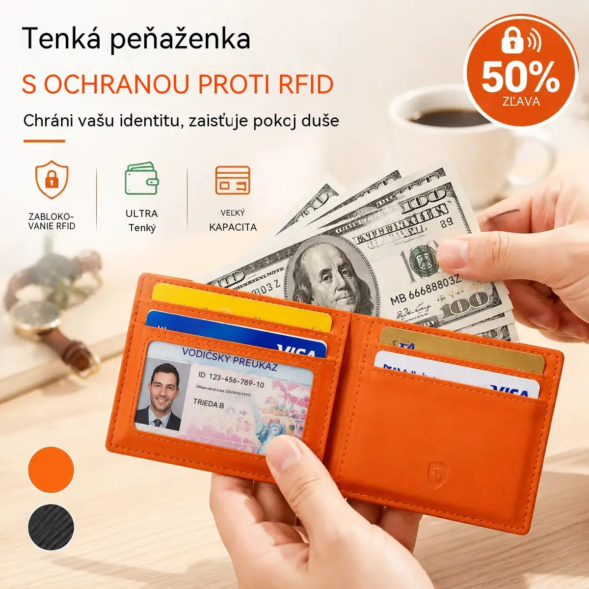 Tenká peňaženka s RFID blokovaním pre mužov