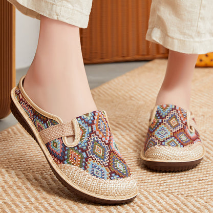 🔥👡50% zniżki 【35-41】Damskie kapcie z miękką podeszwą z haftowanego lnu, antypoślizgowe
