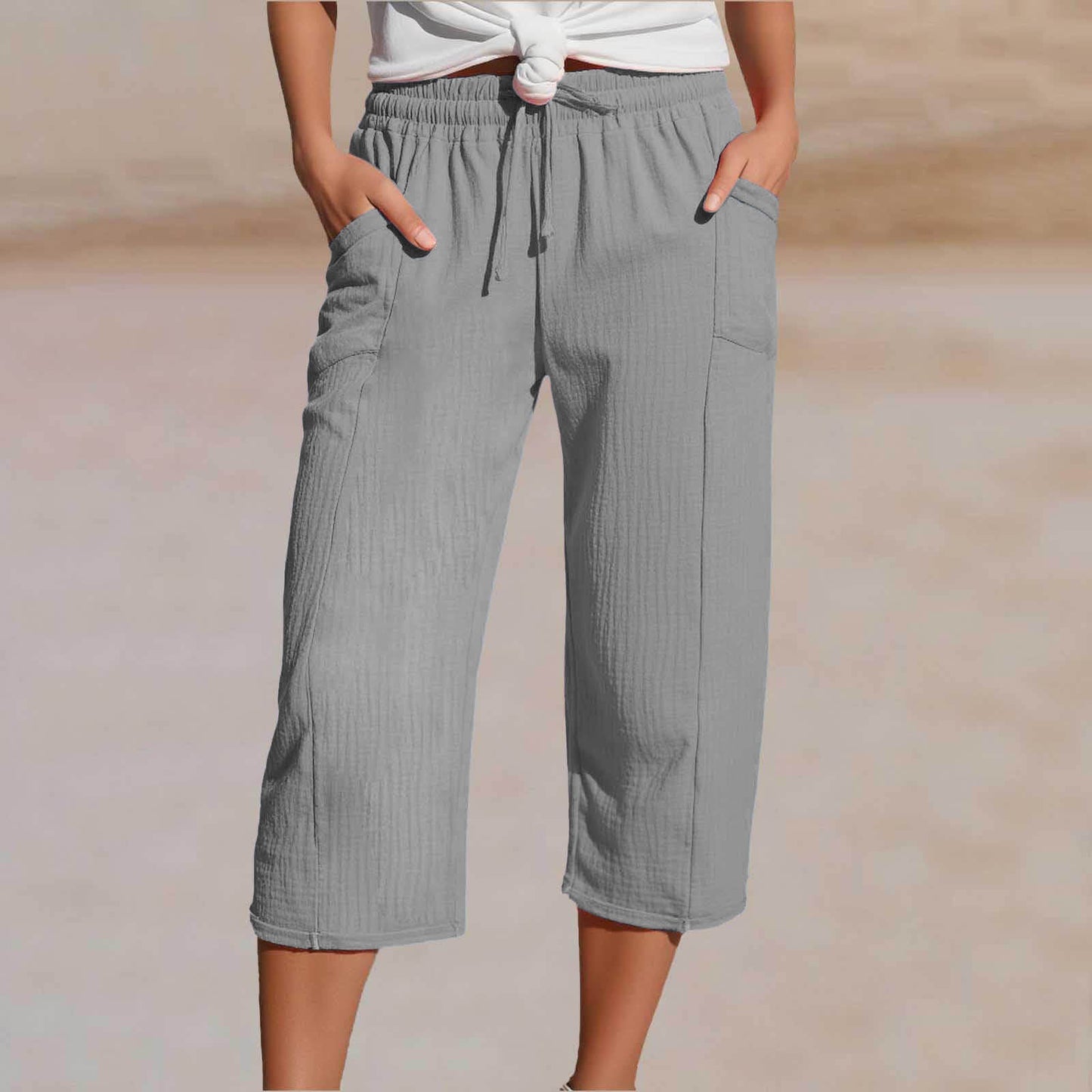 🌸[50% de descuento por tiempo limitado] Pantalones capri plisados de algodón y lino de color liso
