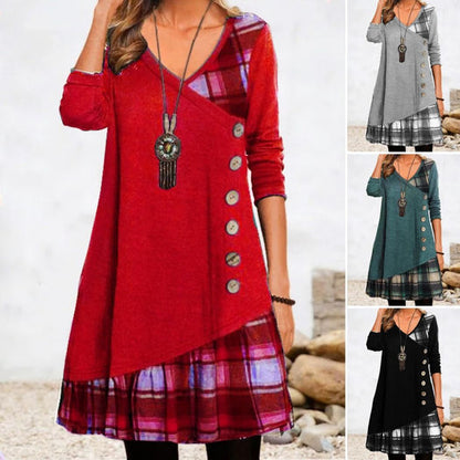 🍂👗49% TANIEJ -【S-3XL】 2025 Nowa elegancka sukienka w kratę z dekoltem w serek i długim rękawem