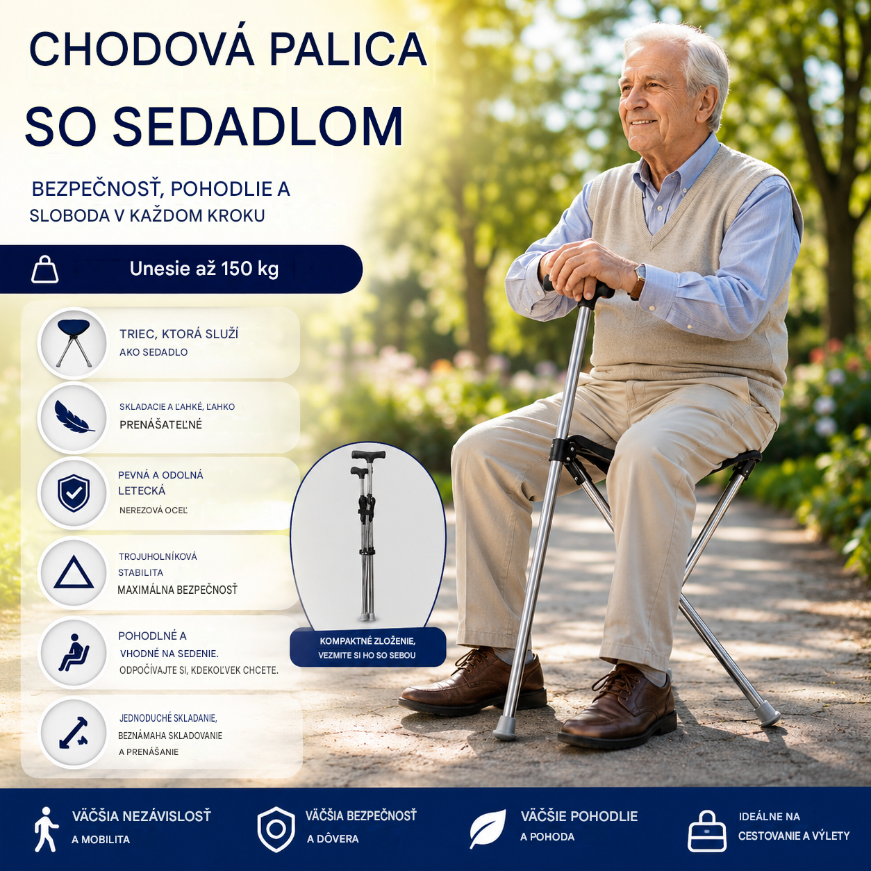 ✨Skladacia vychádzková palica 2 v 1 so stoličkou, barlami proti pádu, skladacia a prenosná✅Teleskopické trekingové palice