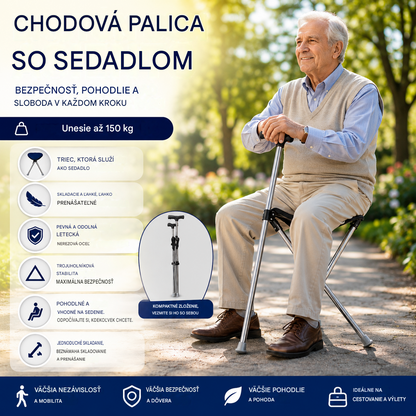 ✨Skladacia vychádzková palica 2 v 1 so stoličkou, barlami proti pádu, skladacia a prenosná✅Teleskopické trekingové palice