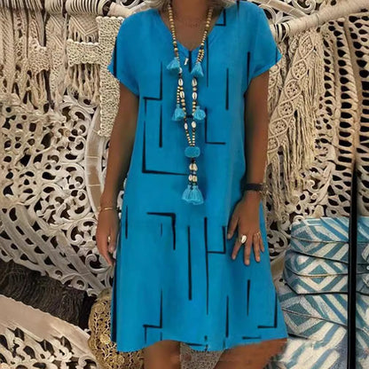 🌲【Kúp jeden, druhý dostaneš zadarmo】👗【S–5XL】Nové šaty s potlačou do V z bavlny a ľanu 🌿Priateľské k pokožke a mäkké