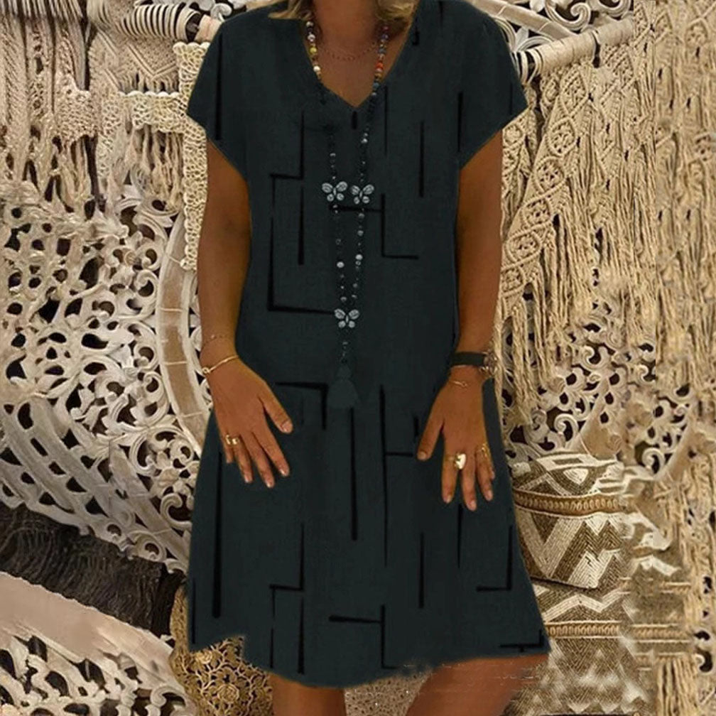 🌲【Kúp jeden, druhý dostaneš zadarmo】👗【S–5XL】Nové šaty s potlačou do V z bavlny a ľanu 🌿Priateľské k pokožke a mäkké