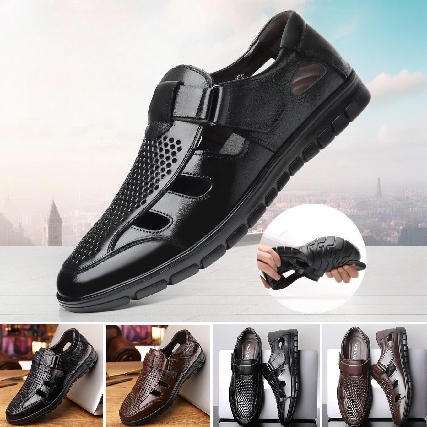 😎👞【Piel auténtica de primera calidad – Nueva versión mejorada】Sandalias de hombre de alta gama hechas de piel auténtica con diseño perforado