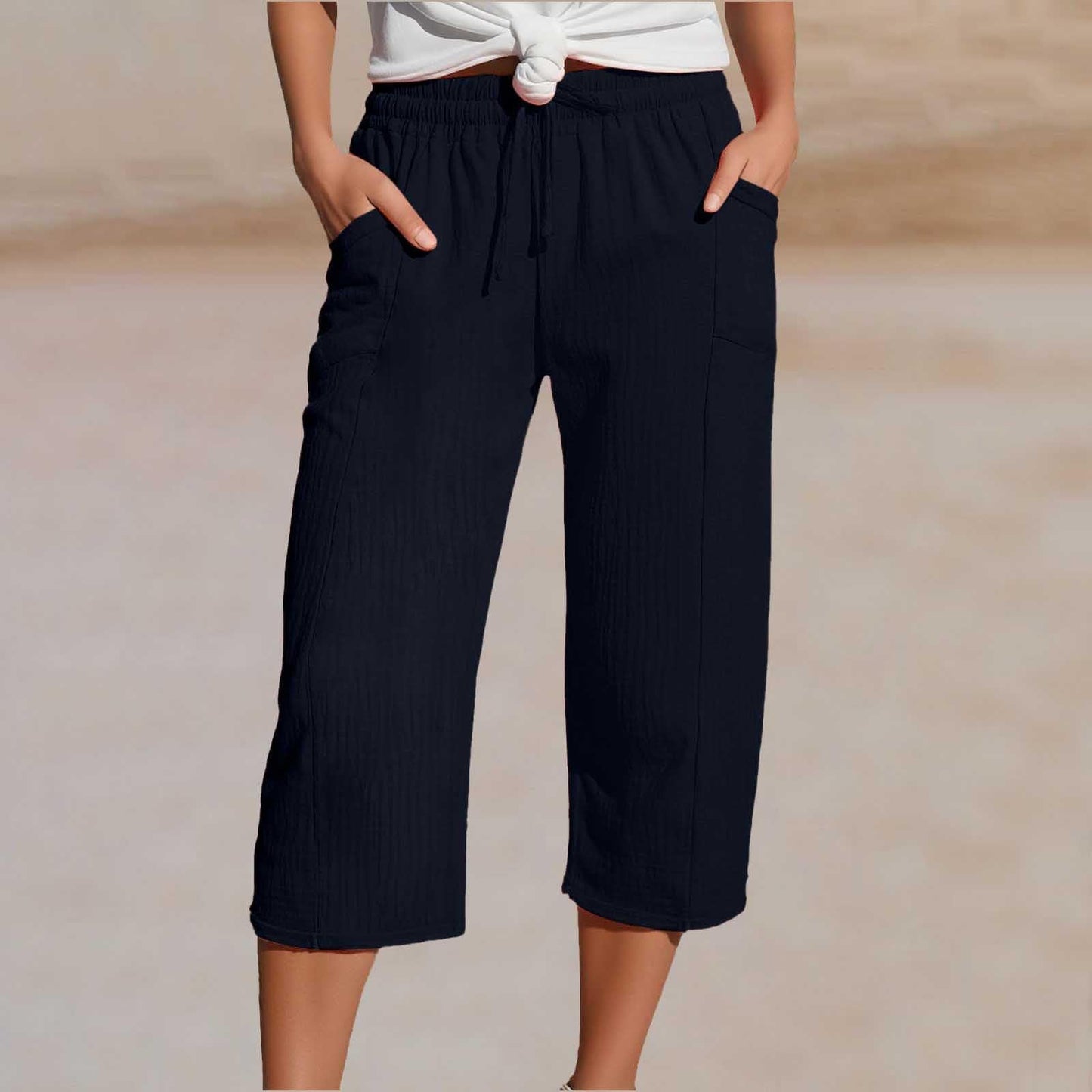 🌸[50% de descuento por tiempo limitado] Pantalones capri plisados de algodón y lino de color liso