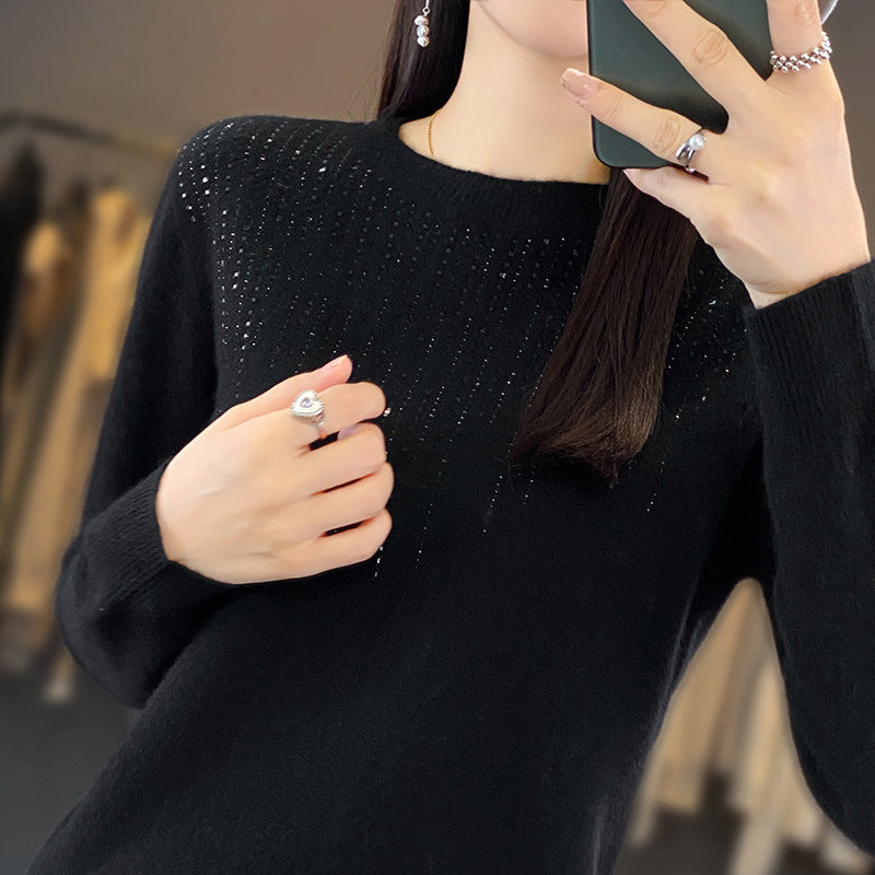 ✨【S-2XL】Suéter de lana para mujer con cuello redondo de terciopelo y decoración de perlas