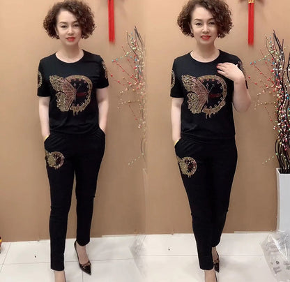 🔥 【Rabat 50%】 💥 【M-4XL】Damski komplet z koszulką i długimi spodniami