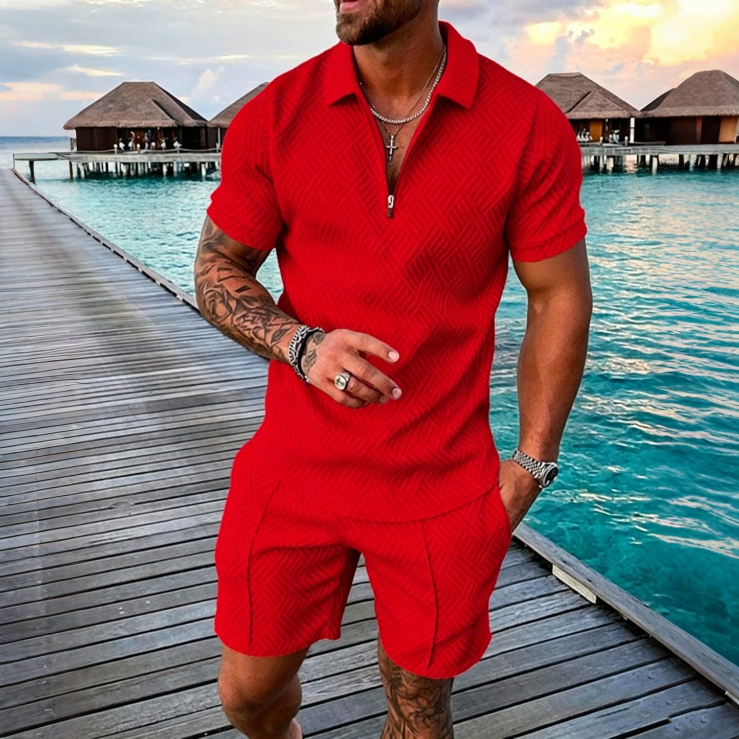 😎 50% de descuento 🔥 【Top + Pantalones cortos】 (40-130 kg) Conjunto diario para hombre: Polo con cremallera y estampado 3D ✅️ Pago contra reembolso