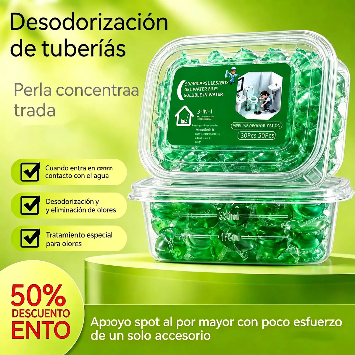 2 paquetes (100 comprimidos) 👍Cápsulas solubles en agua para eliminar olores de desagües: la solución perfecta para prevenir la propagación de olores en baños y cocinas.