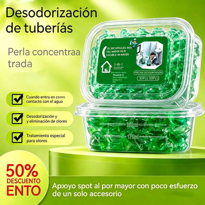 2 paquetes (100 comprimidos) 👍Cápsulas solubles en agua para eliminar olores de desagües: la solución perfecta para prevenir la propagación de olores en baños y cocinas.
