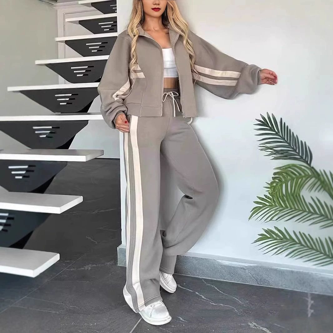 🔥🖤【Oferta por tiempo limitado -50%】Nuevo conjunto para mujer con chaqueta de rayas con cremallera + pantalones casuales, dos piezas