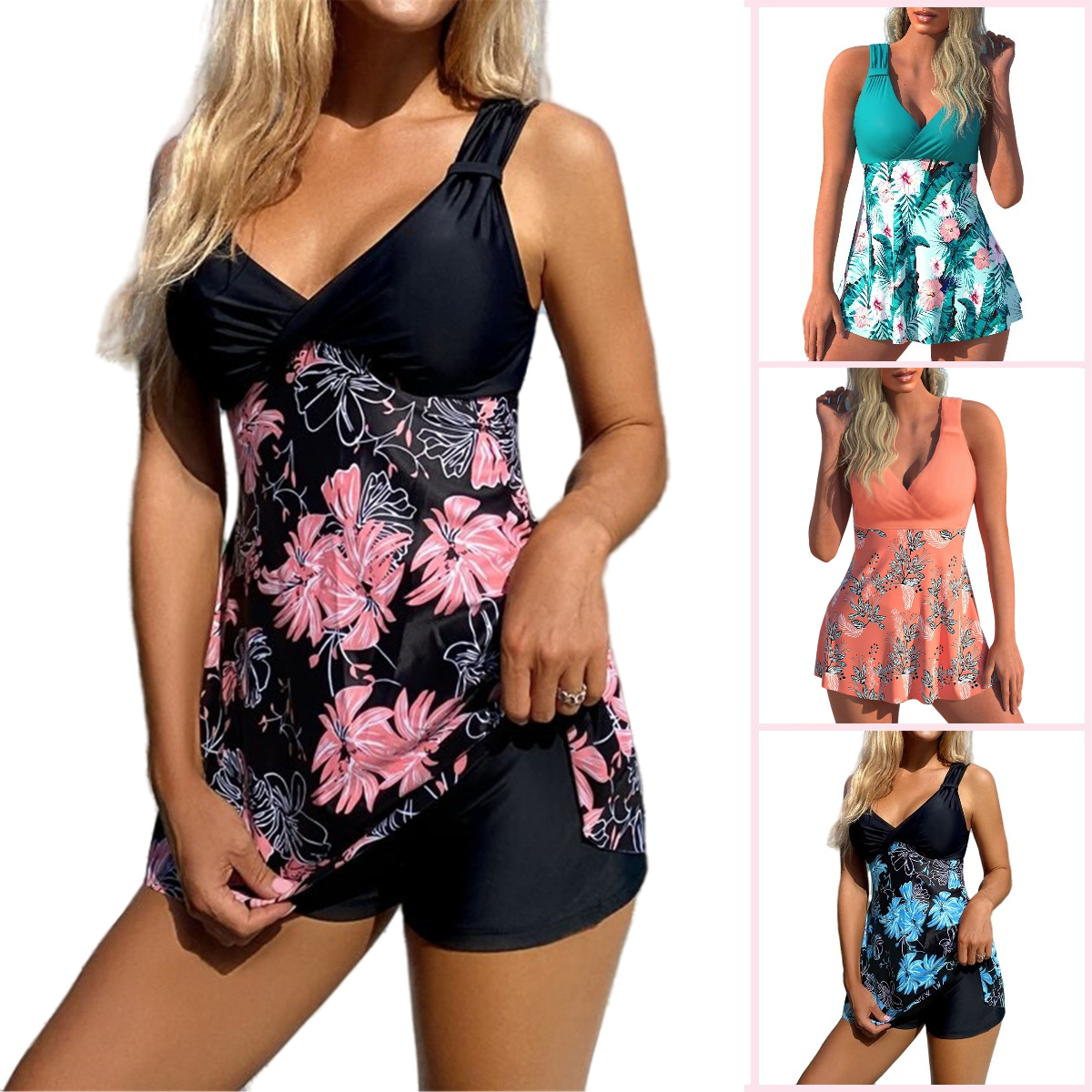 🌴🏖️🌈【S-5XL】😍 Damski kostium kąpielowy, duży kwiatowy nadruk, szorty, spódniczka kąpielowa z odkrytymi plecami, szybkoschnący materiał