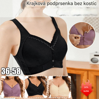 💕 (3 kusy) 🎁 Dámská podprsenka z měkké bavlněné krajky, prodyšná a s kosticemi, zapínání vpředu [45 kg-155 kg]
