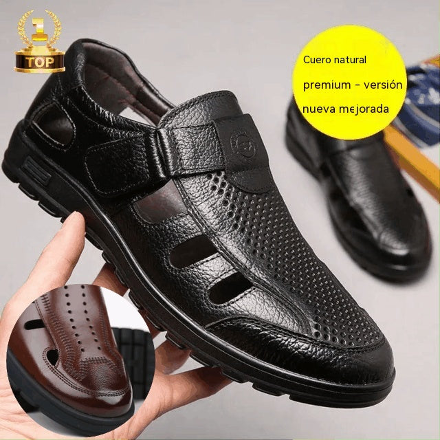 😎👞【Piel auténtica de primera calidad – Nueva versión mejorada】Sandalias de hombre de alta gama hechas de piel auténtica con diseño perforado