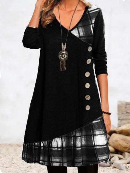🍂👗49% TANIEJ -【S-3XL】 2025 Nowa elegancka sukienka w kratę z dekoltem w serek i długim rękawem