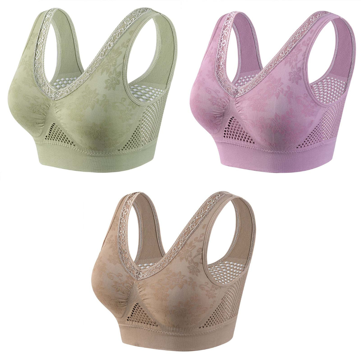 🔥【50% descuento】👙【40-120 kg】✨【Set de 3 unidades】Sujetador de encaje sin aros con gran soporte para mujer