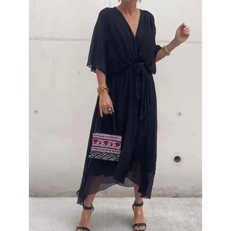 💟【S-5XL】👗 Wielokolorowa szyfonowa sukienka z koronkowym rękawem typu nietoperz