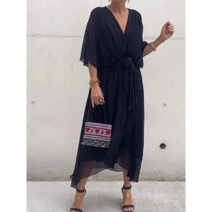 💟【S-5XL】👗 Wielokolorowa szyfonowa sukienka z koronkowym rękawem typu nietoperz