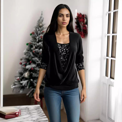 🥰【Купете едно, вземете второ безплатно】❄️【S-5XL】Нов дамски топ с дълъг ръкав и пайети, големи размери, 2025