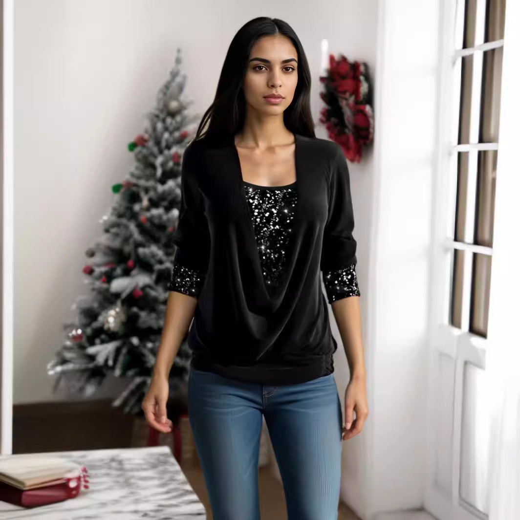 🥰【Купете едно, вземете второ безплатно】❄️【S-5XL】Нов дамски топ с дълъг ръкав и пайети, големи размери, 2026