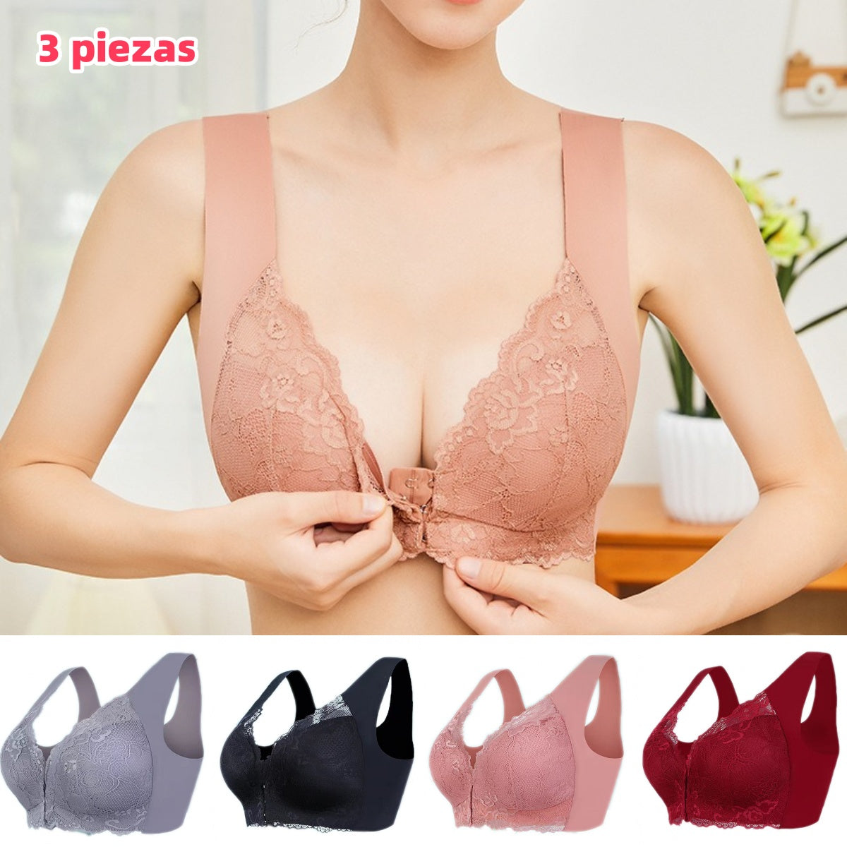 ✨ Kúpte 2, získajte 1 zadarmo! 【3 ks】Sexy podprsenka s predným zapínaním, bez oceľového krúžku