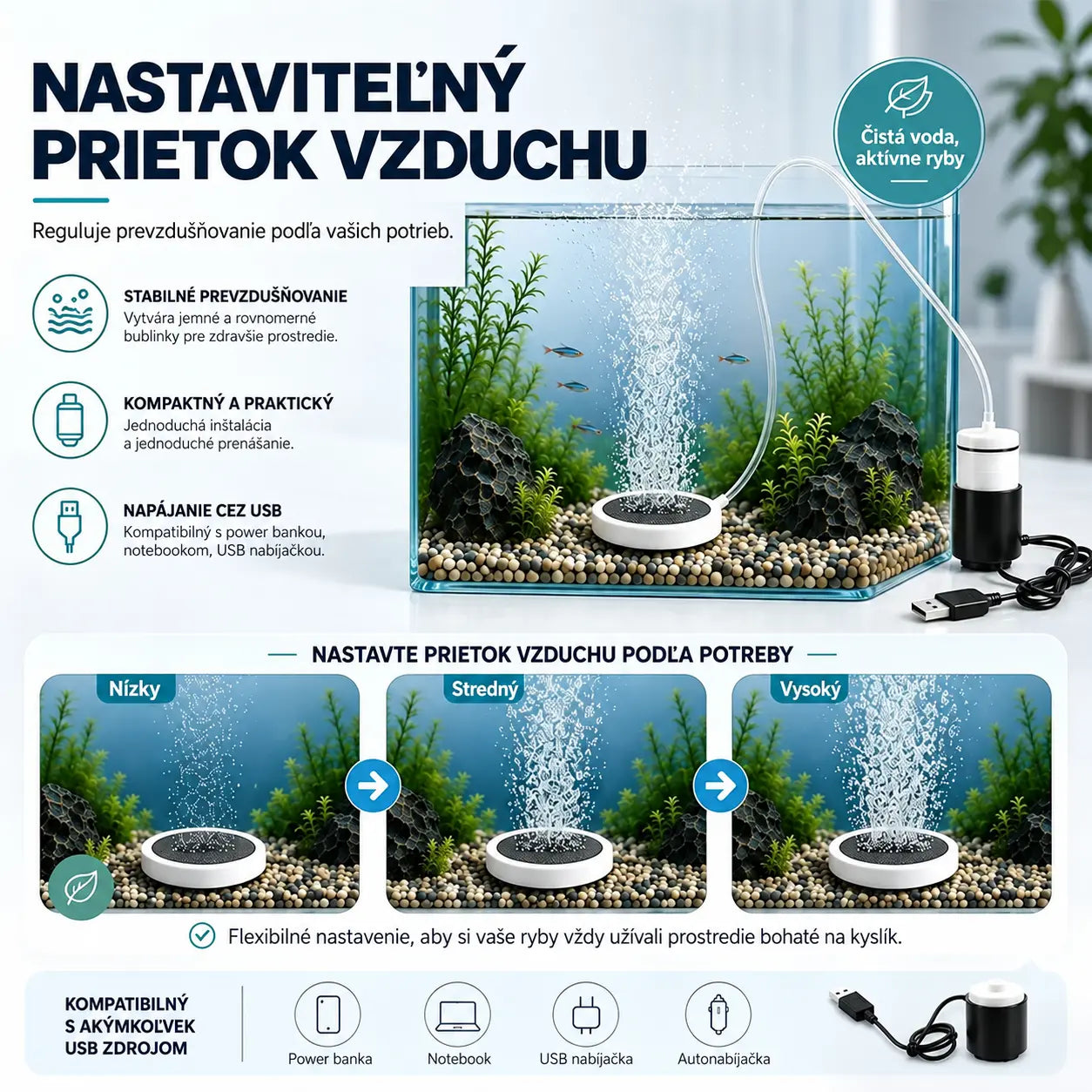 🐟🔇 USB okysličovač akvária s nastaviteľným prietokom – ultra tichý a kompaktný. Ideálny pre akvárium, prepravu rýb aj rybolov. Súčasťou balenia je 8 cm nano vzduchový disk! ✨