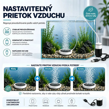 🐟🔇 USB okysličovač akvária s nastaviteľným prietokom – ultra tichý a kompaktný. Ideálny pre akvárium, prepravu rýb aj rybolov. Súčasťou balenia je 8 cm nano vzduchový disk! ✨