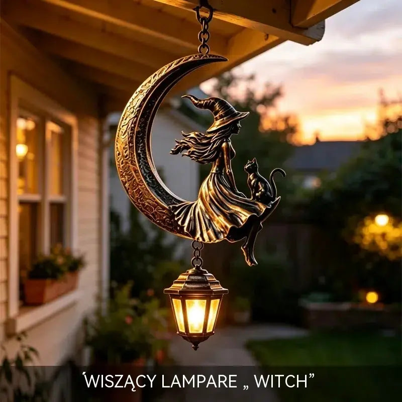 🌙🔮Wisząca latarnia solarna z motywem księżyca – dekoracja ogrodowa w stylu gotycko-brązowym z czarownicą i czarnym kotem