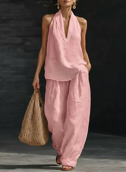 【S-5XL】💥Conjunto casual para mujer, top con cuello en V + pantalón de pierna ancha