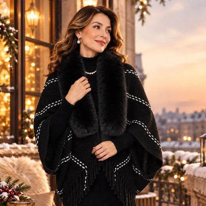✨ Pletený zimný šál s nadýchaným golierom a elegantnými strapcami · Voľný a teplý dámsky kardigan v štýle peleríny!