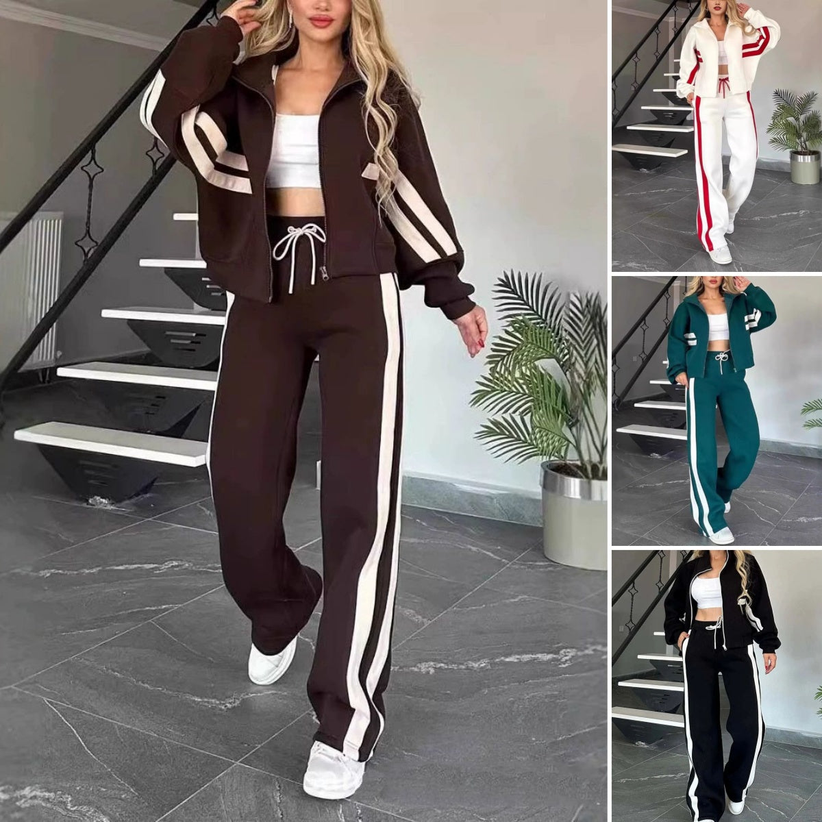 🔥🖤Dámska pruhovaná bunda na zips a ležérne nohavice, dvojdielny set🔥【Bunda + Nohavice】