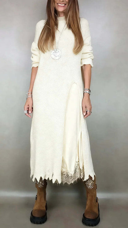 👗【XS–3XL】【-50% Zľava】Nový dvojdielny čipkovaný komplet s rozparkom a pleteným pulóvrom – elegantný jesenný a zimný outfit