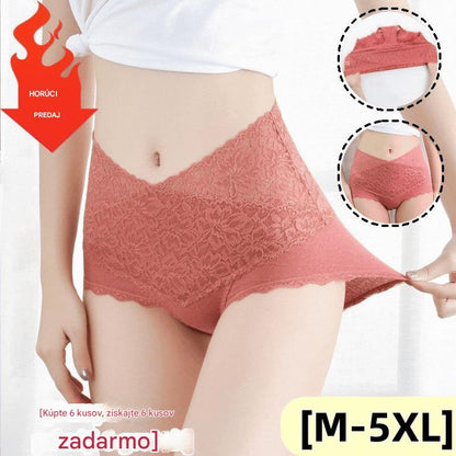 🔥【6 balení】👙Antibakteriálne bavlnené čipkované spodné prádlo s vysokým pásom