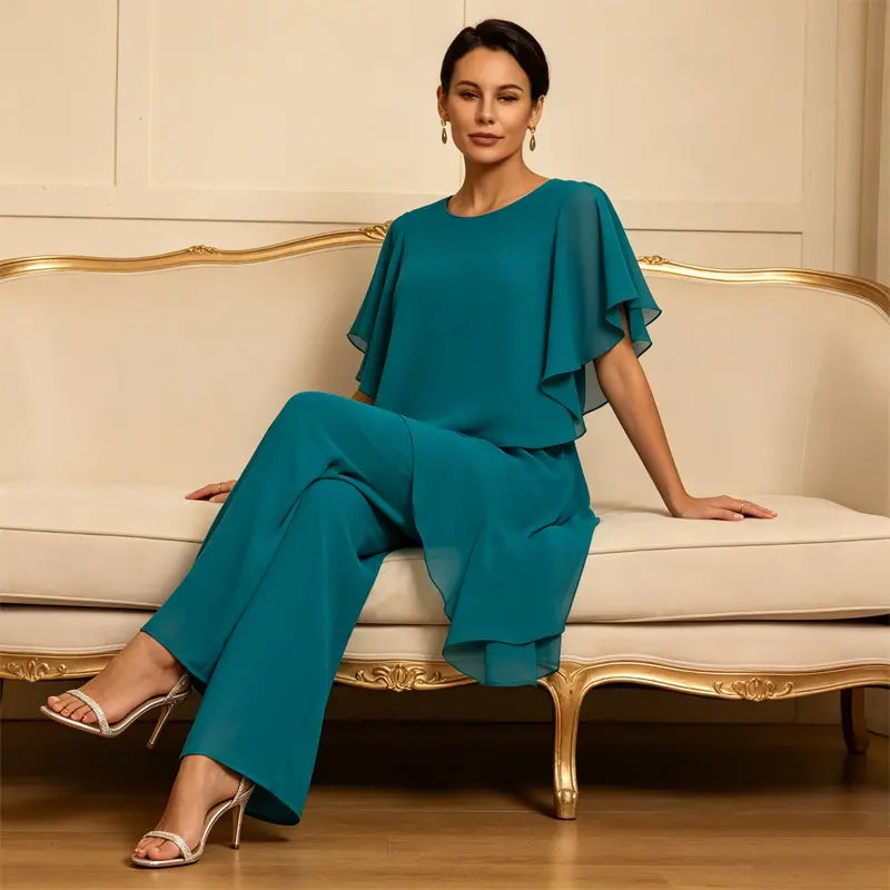 【S–3XL】Elegantni komplet od šifona: asimetrični top s volanima i široke hlače – sofisticiran izgled za posebne prilike