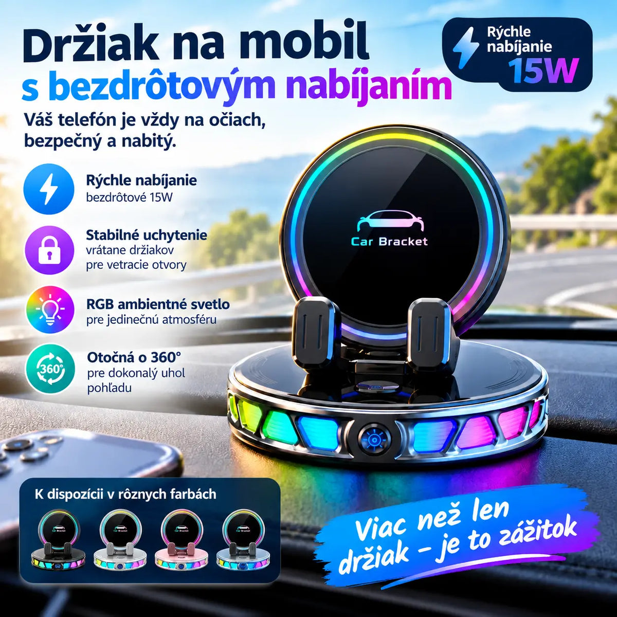 📱 Držiak do auta RGB s automatickým upínaním a 15W bezdrôtovým nabíjaním