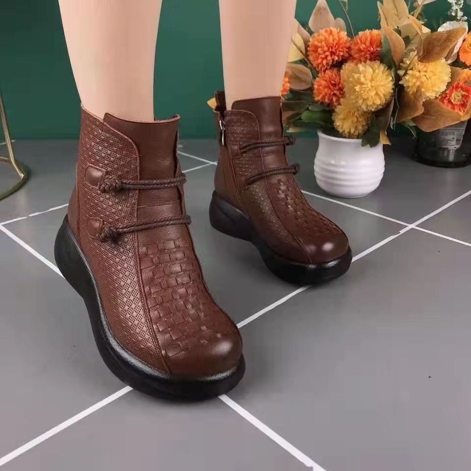 💥💥【35-40】 2025 Zimowe modne skórzane buty termiczne damskie z bocznym zamkiem