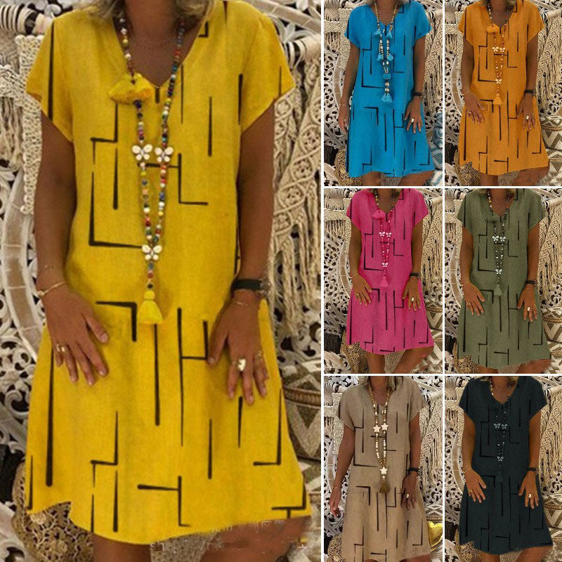 🌲【Kúp jeden, druhý dostaneš zadarmo】👗【S–5XL】Nové šaty s potlačou do V z bavlny a ľanu 🌿Priateľské k pokožke a mäkké