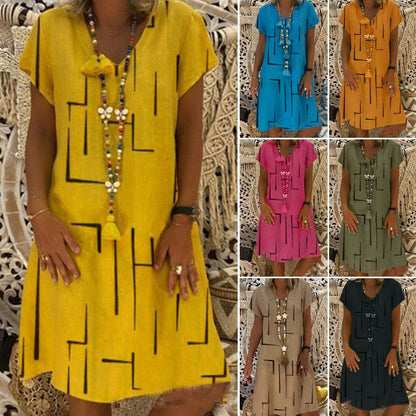 🌲【Kúp jeden, druhý dostaneš zadarmo】👗【S–5XL】Nové šaty s potlačou do V z bavlny a ľanu 🌿Priateľské k pokožke a mäkké