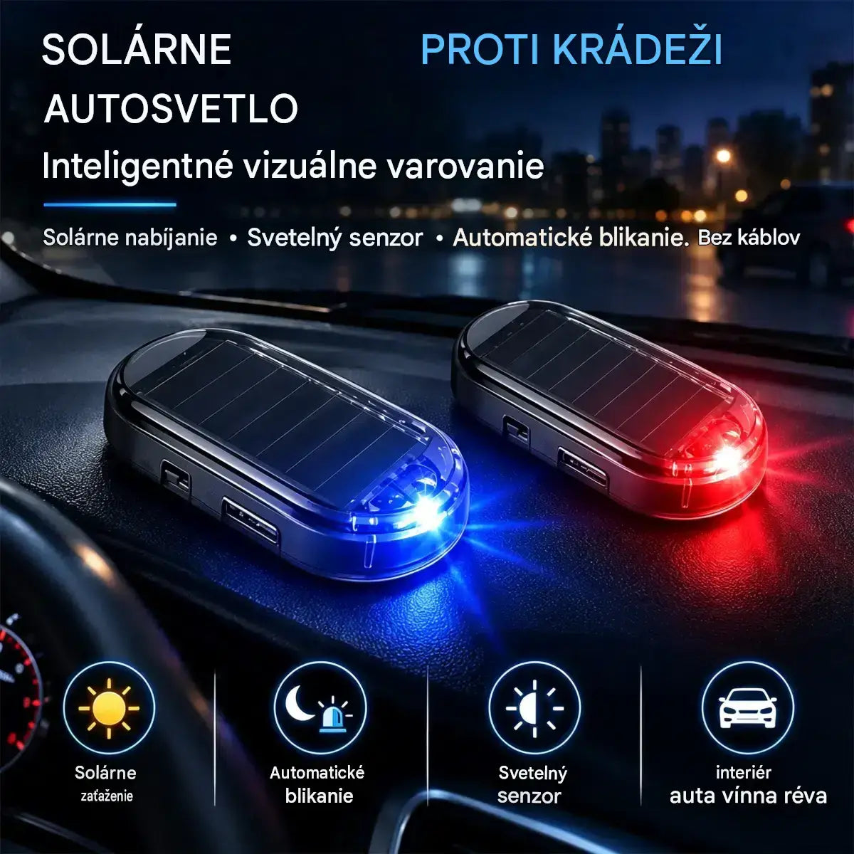 🚗【Balenie 2 kusov】 Kompaktné solárne LED blikajúce svetlo proti krádeži