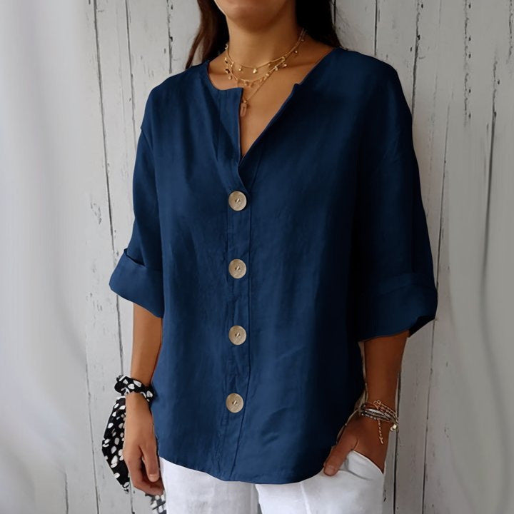 🔥【S-5XL】Nueva camiseta de mujer con cuello en V de algodón y lino con botones: sencilla y elegante.