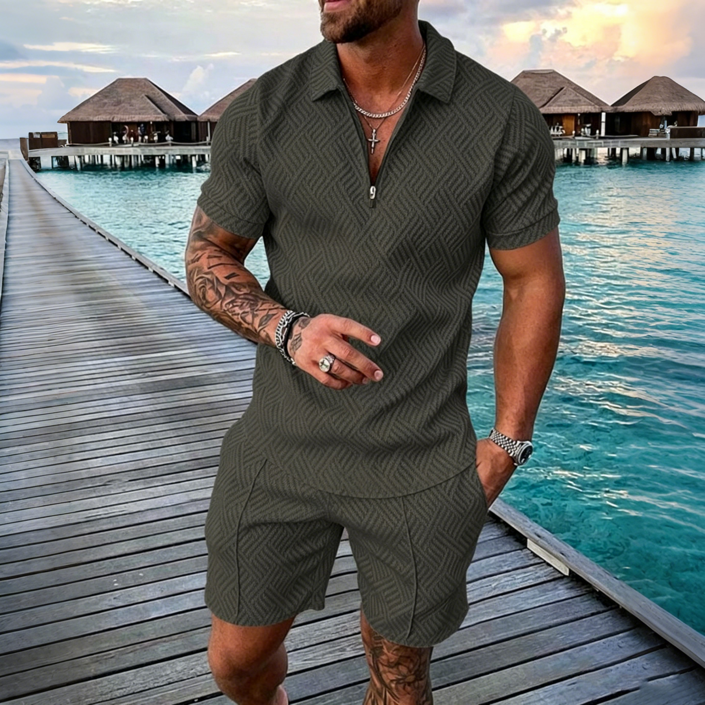 😎 50% de descuento 🔥 【Top + Pantalones cortos】 (40-130 kg) Conjunto diario para hombre: Polo con cremallera y estampado 3D ✅️ Pago contra reembolso